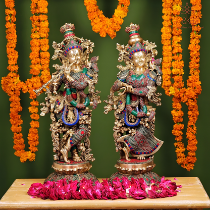 Brassaura® Brass Radha & Krishna Statue with Stonework | Height 26 Inches