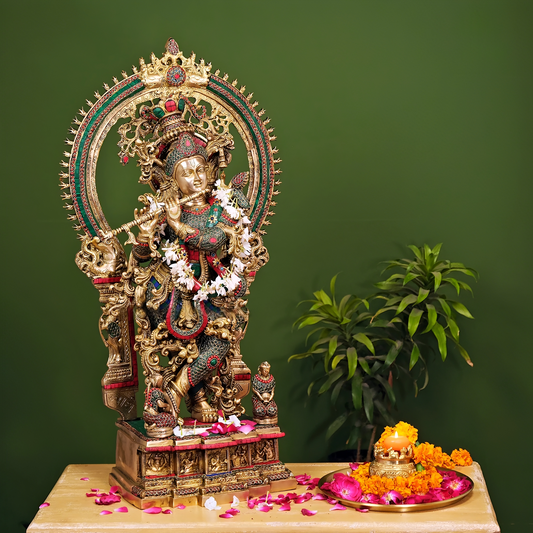 Brassaura® Brass Krishna Statue with Stonework | Height 32 Inches