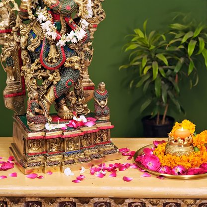 Brassaura® Brass Krishna Statue with Stonework | Height 32 Inches