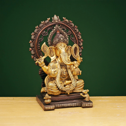 Brassaura® Brass Ganesha Statue with Prabhavali | Height 13 Inches