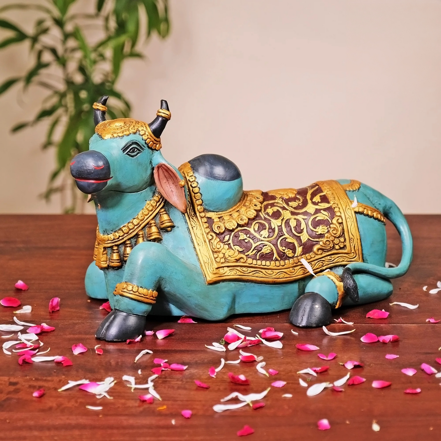 Brassaura® Brass Nandi Cow Sitting Statue Hand Painted | Height 15 Inches