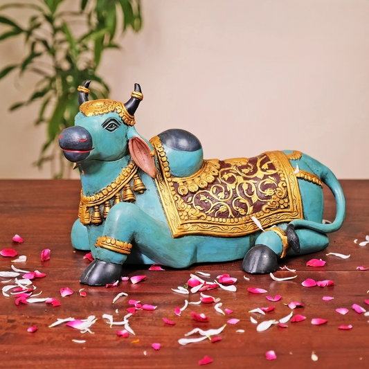 Brassaura® Brass Nandi Cow Sitting Statue Hand Painted | Height 15 Inches