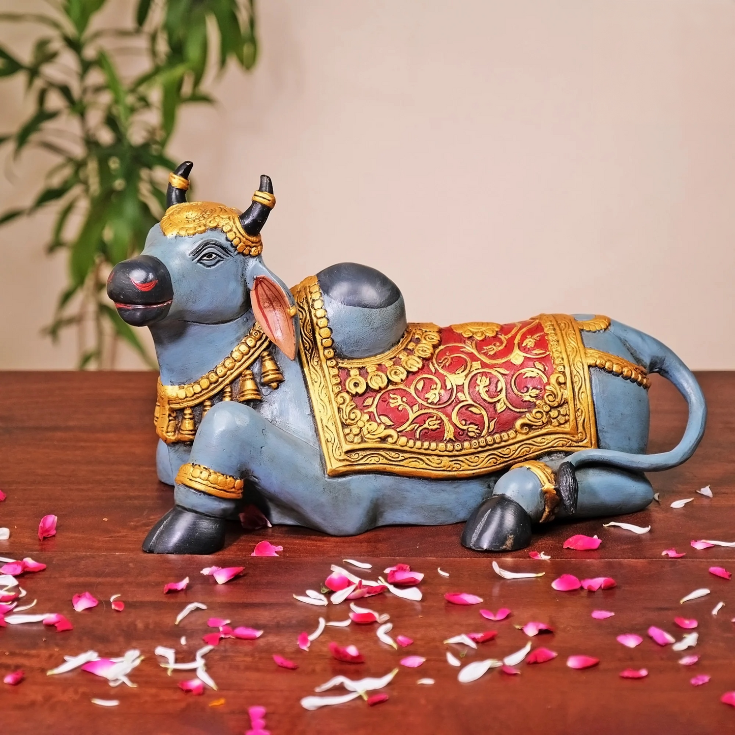 Brassaura® Brass Nandi Cow Sitting Statue Hand Painted | Height 15 Inches