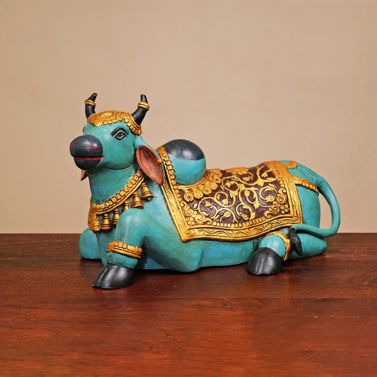 Brassaura® Brass Nandi Cow Sitting Statue Hand Painted | Height 15 Inches