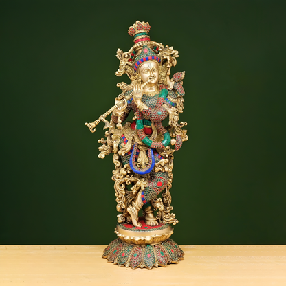 Brassaura® Brass Radha & Krishna Statue with Stonework | Height 26 Inches
