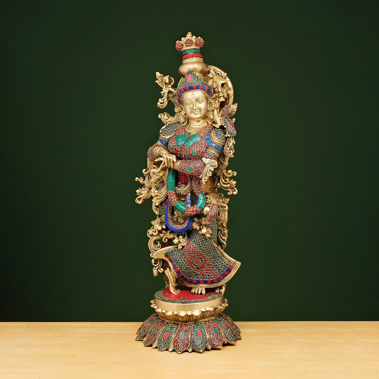 Brassaura® Brass Radha & Krishna Statue with Stonework | Height 26 Inches