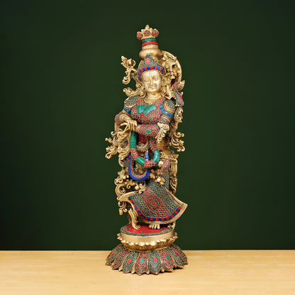 Brassaura® Brass Radha & Krishna Statue with Stonework | Height 26 Inches