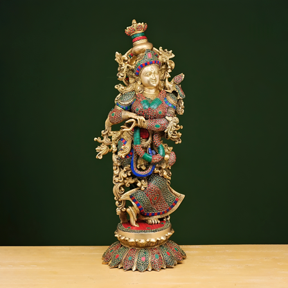 Brassaura® Brass Radha & Krishna Statue with Stonework | Height 26 Inches