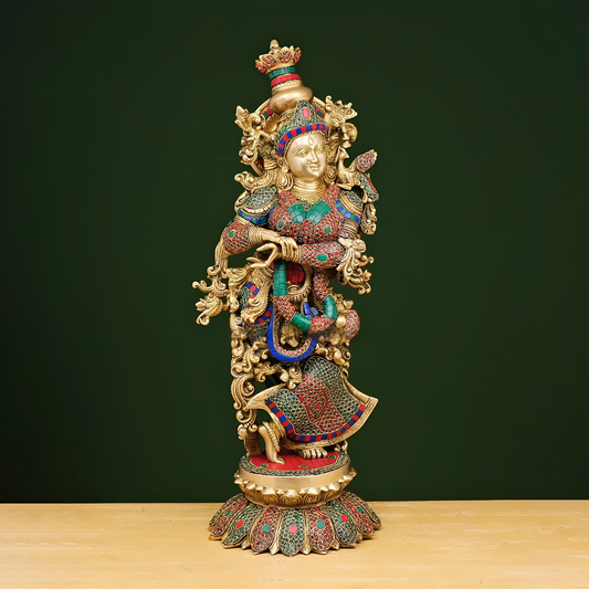 Brassaura® Brass Radha & Krishna Statue with Stonework | Height 26 Inches