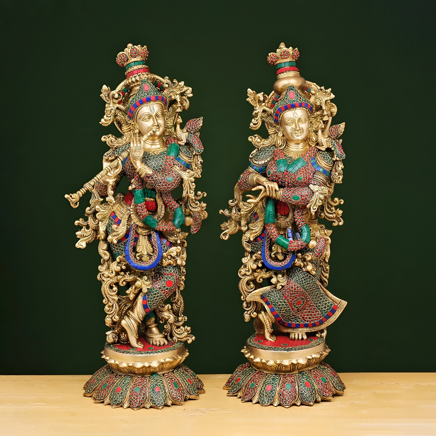 Brassaura® Brass Radha & Krishna Statue with Stonework | Height 26 Inches