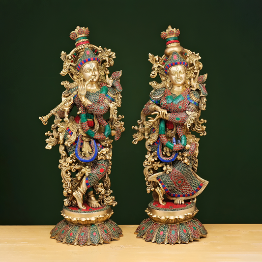 Brassaura® Brass Radha & Krishna Statue with Stonework | Height 26 Inches
