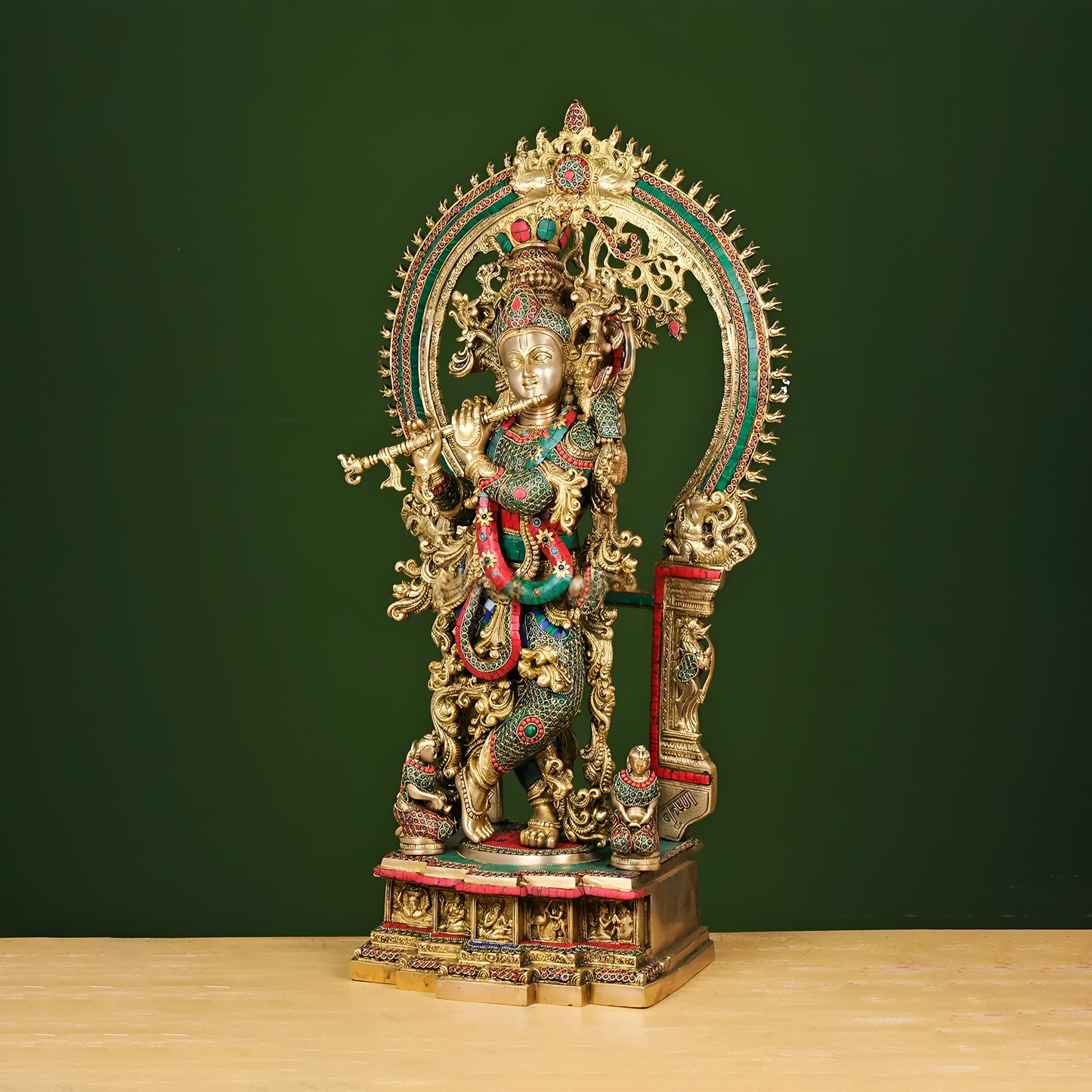 Brassaura® Brass Krishna Statue with Stonework | Height 32 Inches