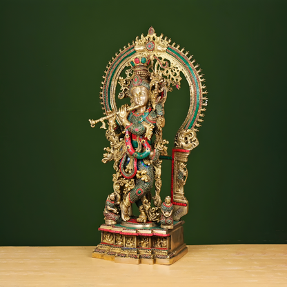 Brassaura® Brass Krishna Statue with Stonework | Height 32 Inches