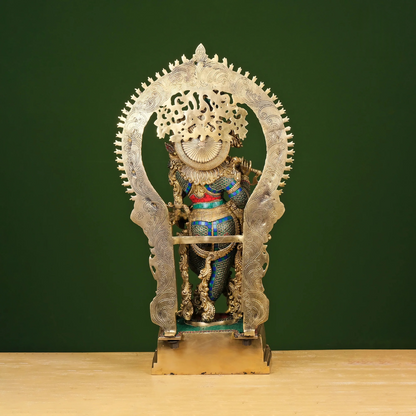 Brassaura® Brass Krishna Statue with Stonework | Height 32 Inches