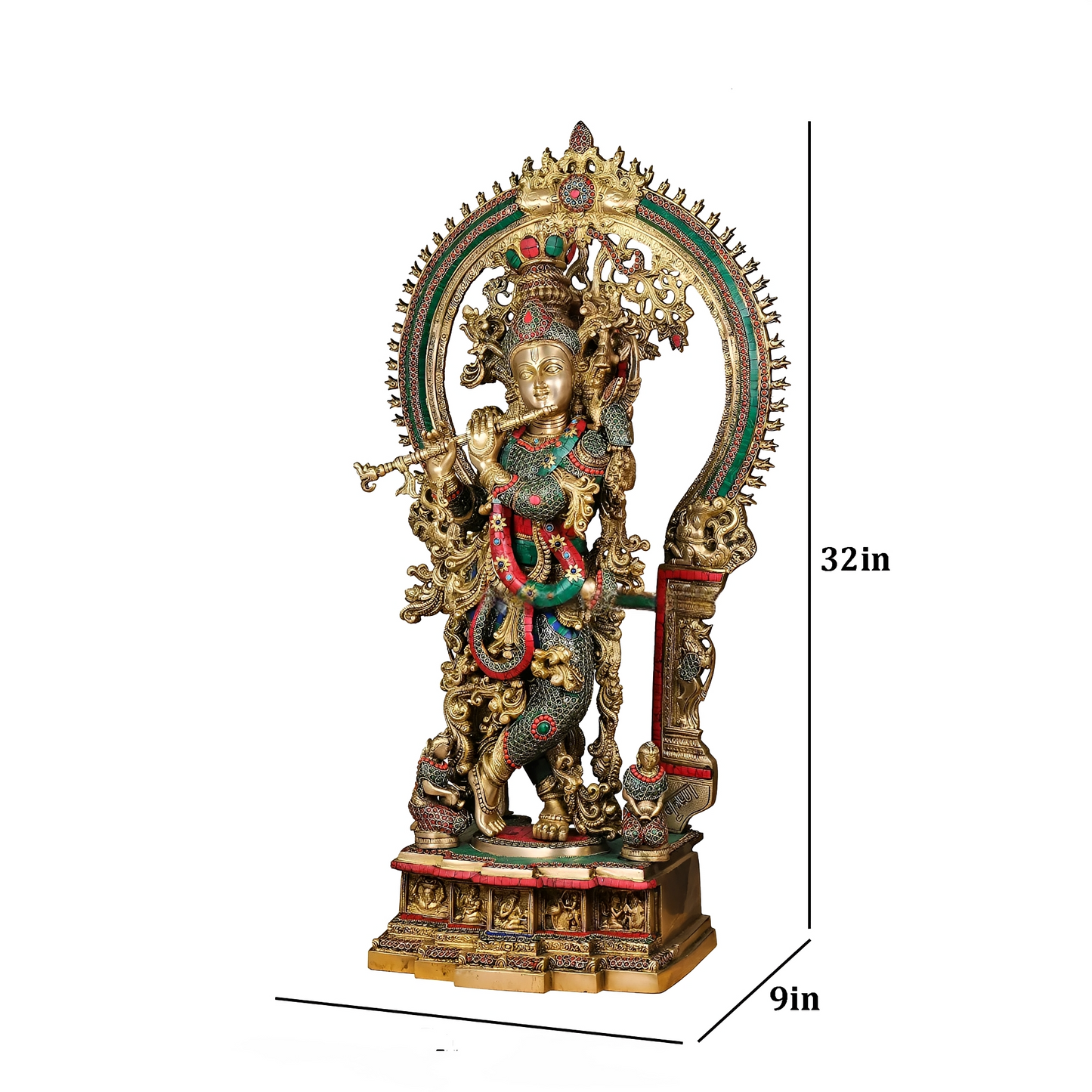 Brassaura® Brass Krishna Statue with Stonework | Height 32 Inches
