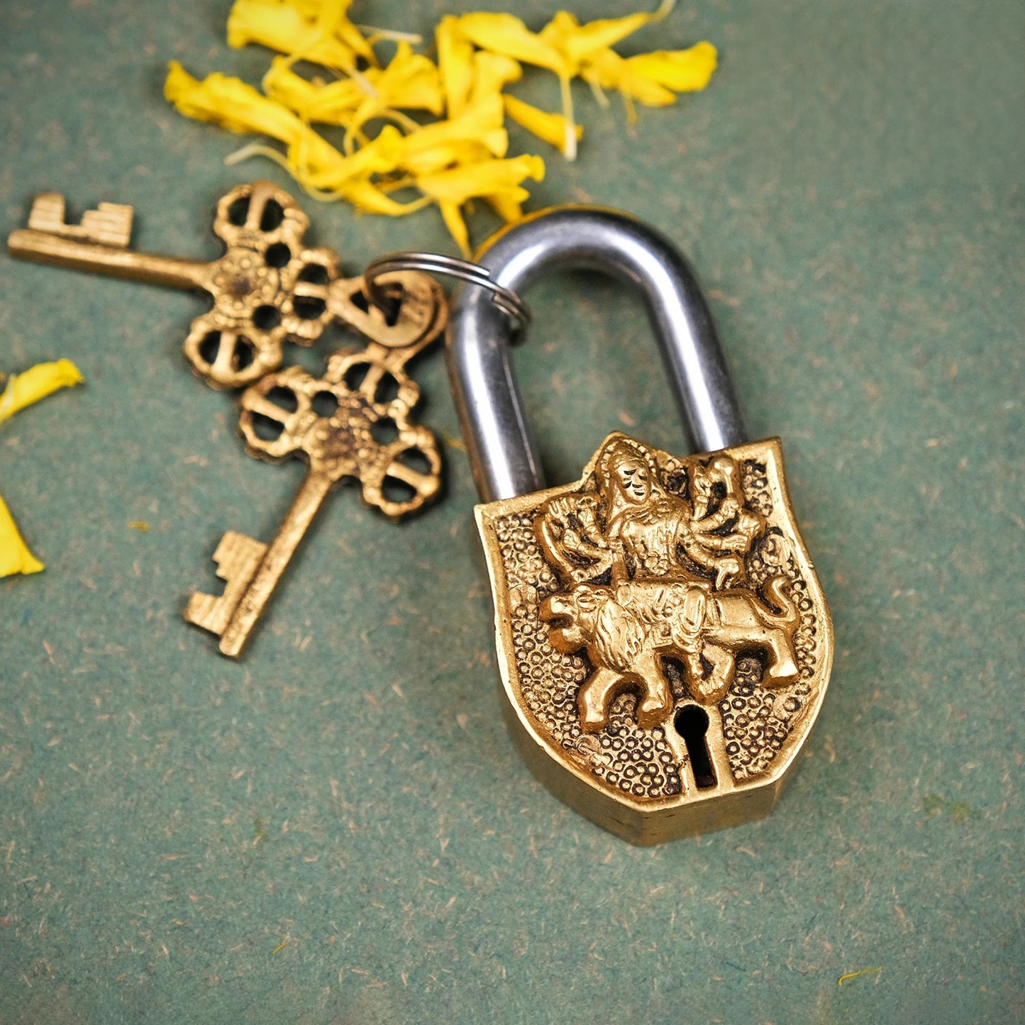 Brassaura® Brass Goddess Durga Lock with Keys | Height 4.5 Inches