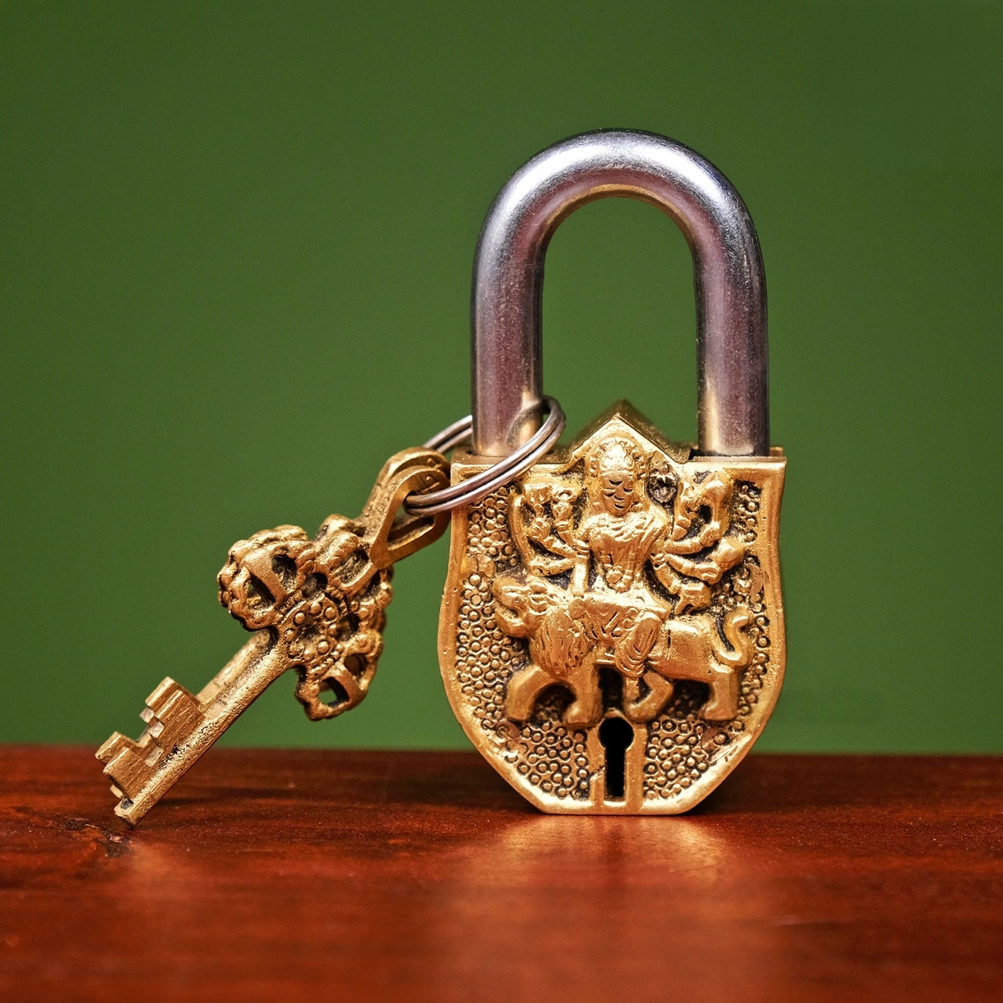 Brassaura® Brass Goddess Durga Lock with Keys | Height 4.5 Inches