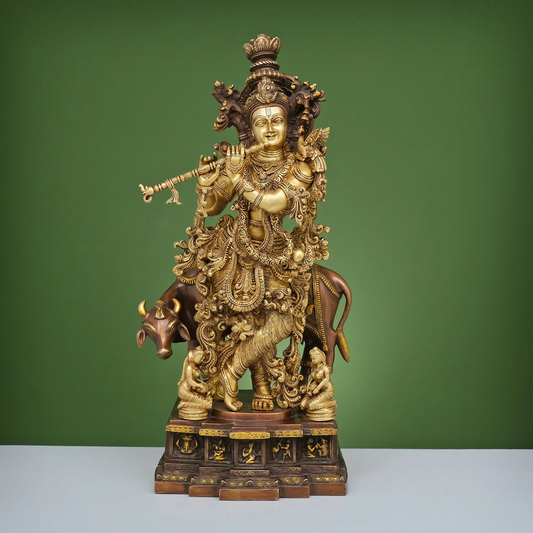 Brassaura® Brass Krishna with Cow Statue | Height 28 Inches