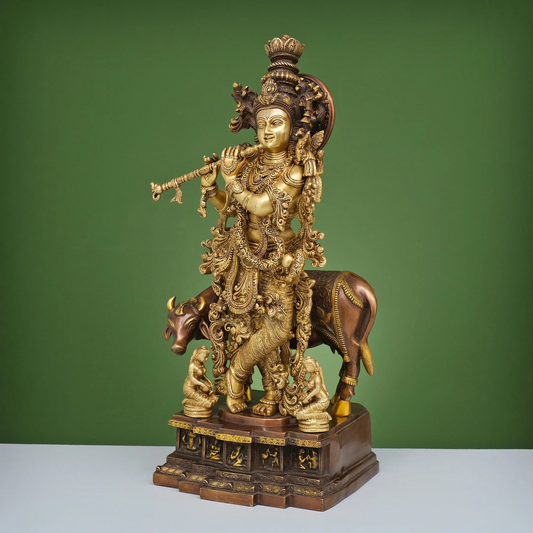 Brassaura® Brass Krishna with Cow Statue | Height 28 Inches