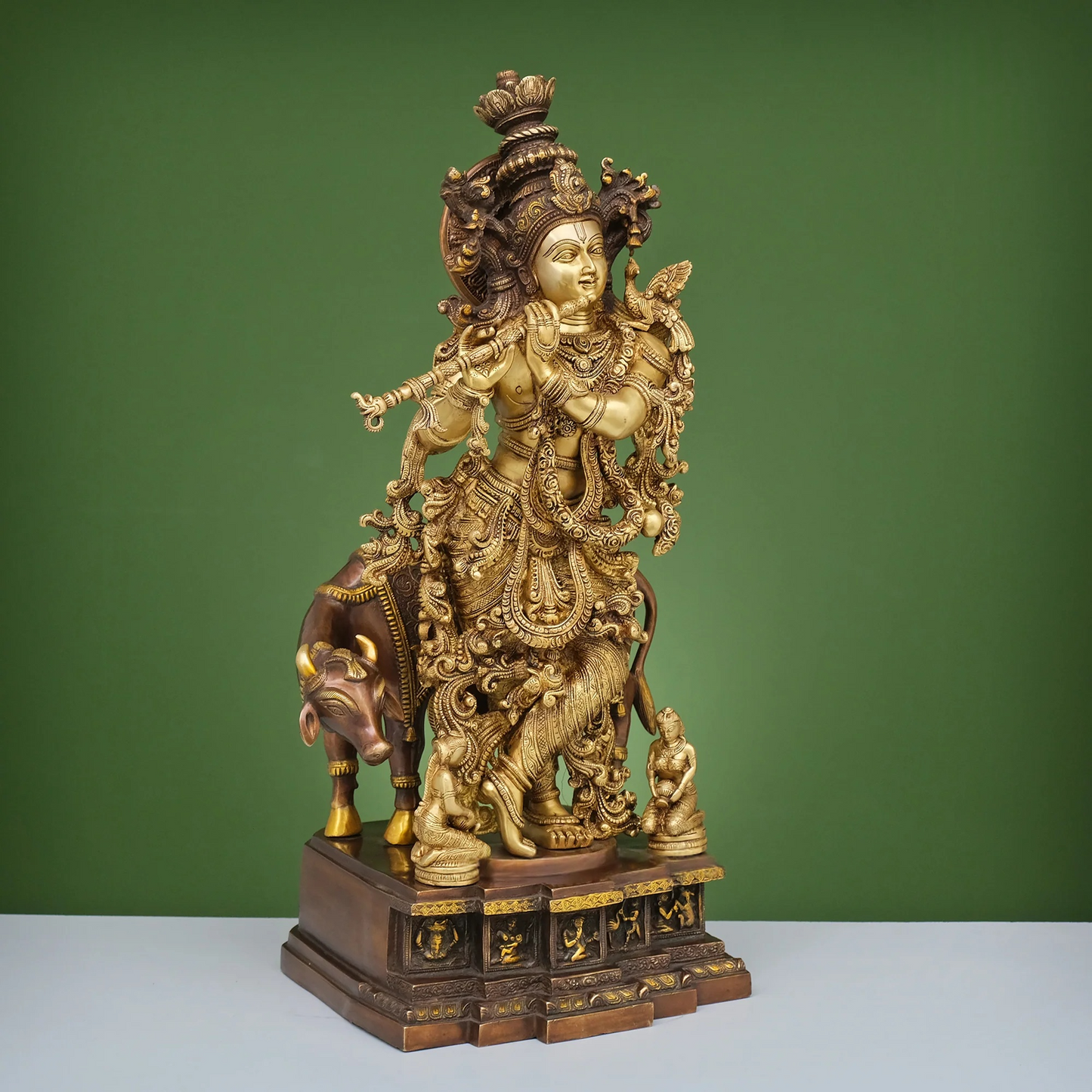 Brassaura® Brass Krishna with Cow Statue | Height 28 Inches