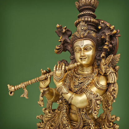 Brassaura® Brass Krishna with Cow Statue | Height 28 Inches