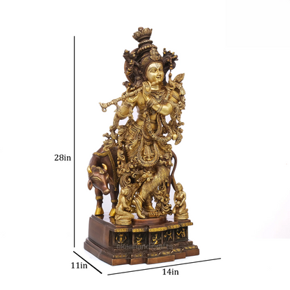 Brassaura® Brass Krishna with Cow Statue | Height 28 Inches