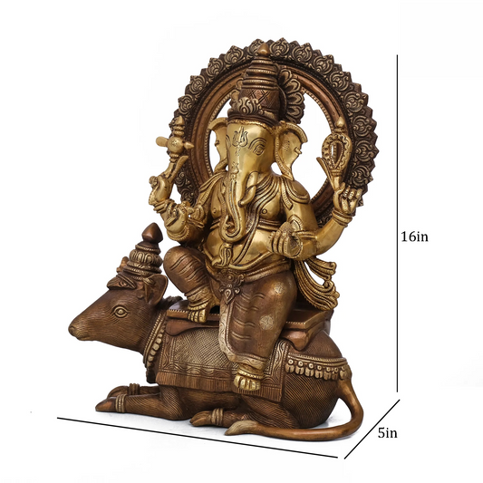Brassaura® Brass Ganesha Statue Sitting on Mouse | Height 16 Inches