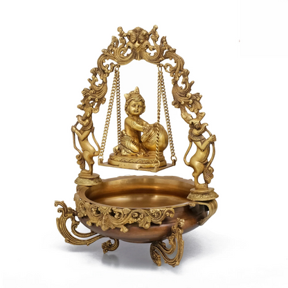 Brassaura® Brass Laddu Gopal Urli with Diya | Height 21 Inches