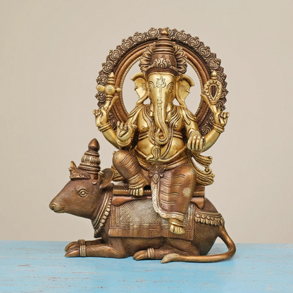 Brassaura® Brass Ganesha Statue Sitting on Mouse | Height 16 Inches