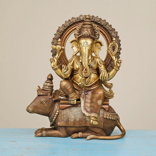 Brassaura® Brass Ganesha Statue Sitting on Mouse | Height 16 Inches