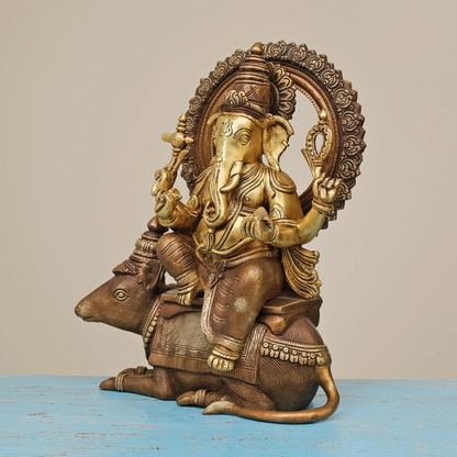 Brassaura® Brass Ganesha Statue Sitting on Mouse | Height 16 Inches
