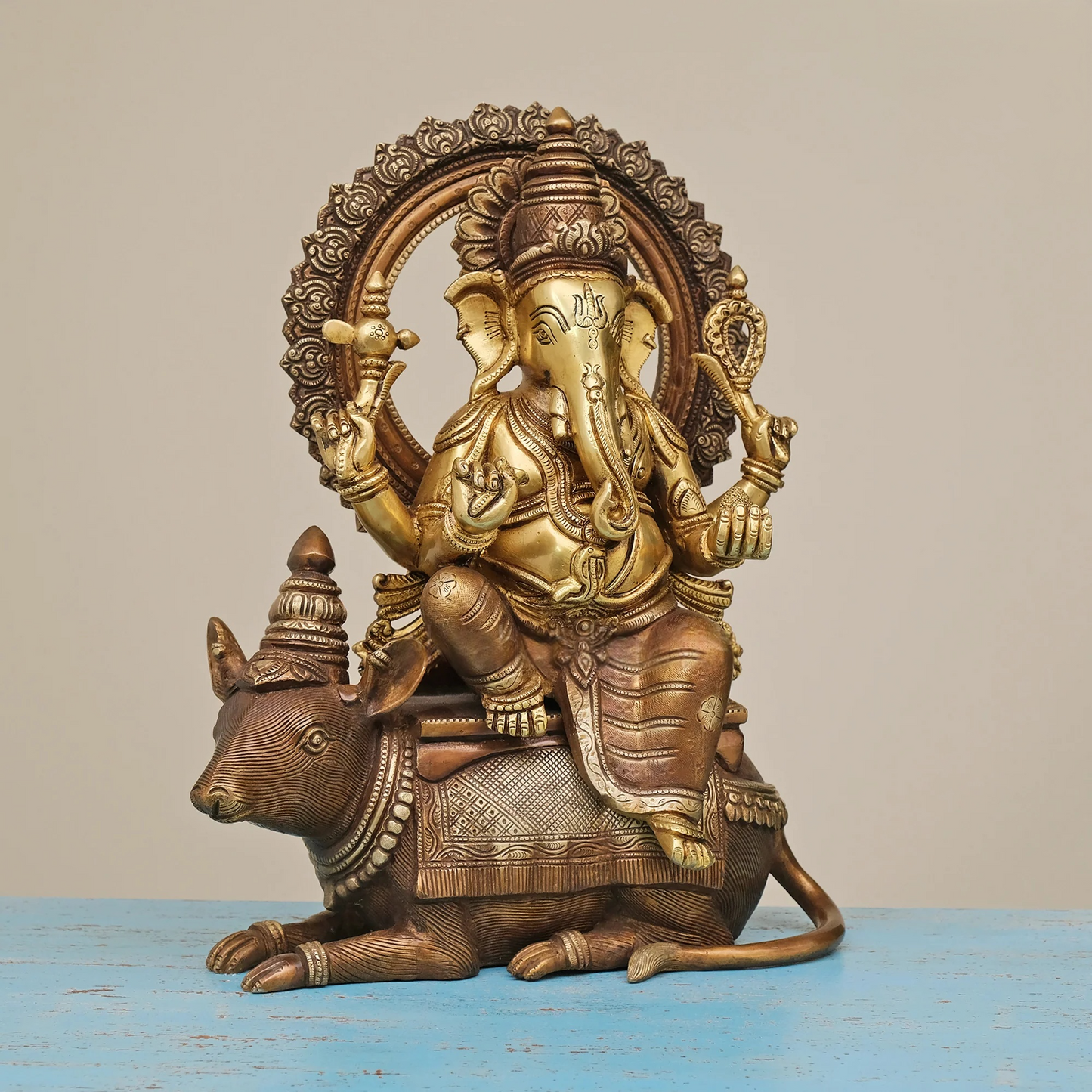 Brassaura® Brass Ganesha Statue Sitting on Mouse | Height 16 Inches