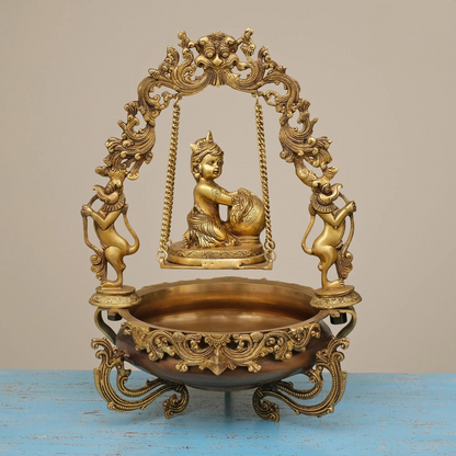 Brassaura® Brass Laddu Gopal Urli with Diya | Height 21 Inches