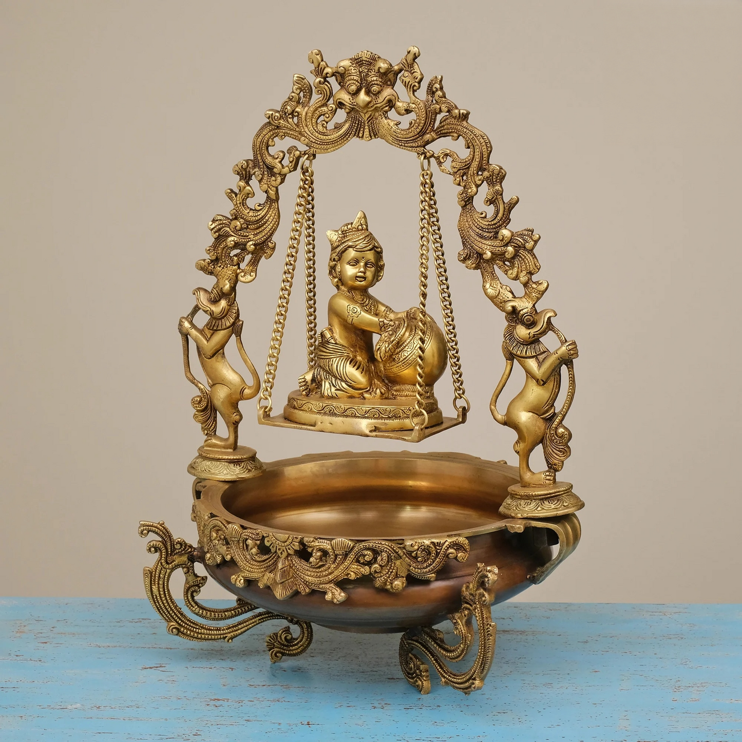 Brassaura® Brass Laddu Gopal Urli with Diya | Height 21 Inches