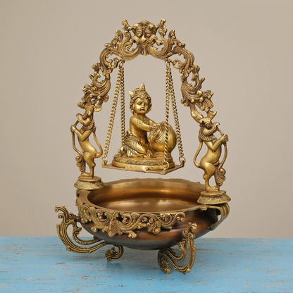 Brassaura® Brass Laddu Gopal Urli with Diya | Height 21 Inches