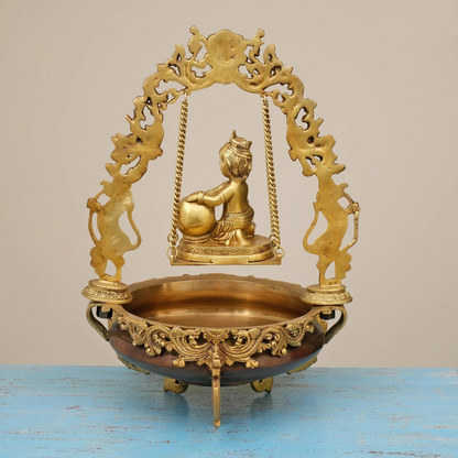 Brassaura® Brass Laddu Gopal Urli with Diya | Height 21 Inches