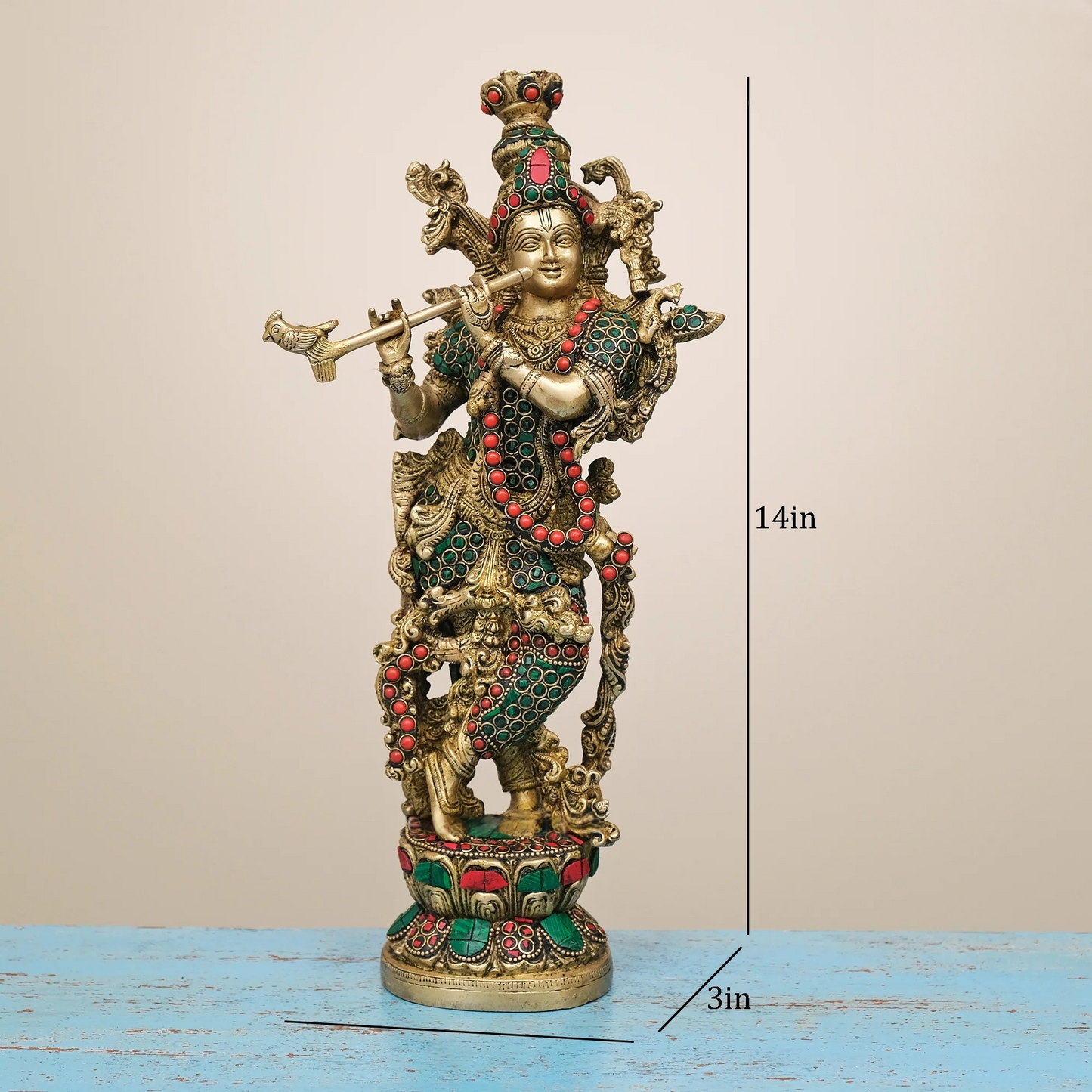Brassaura® Brass Radha & Krishna Statue with Stonework | Height 14 Inches