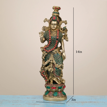 Brassaura® Brass Radha & Krishna Statue with Stonework | Height 14 Inches