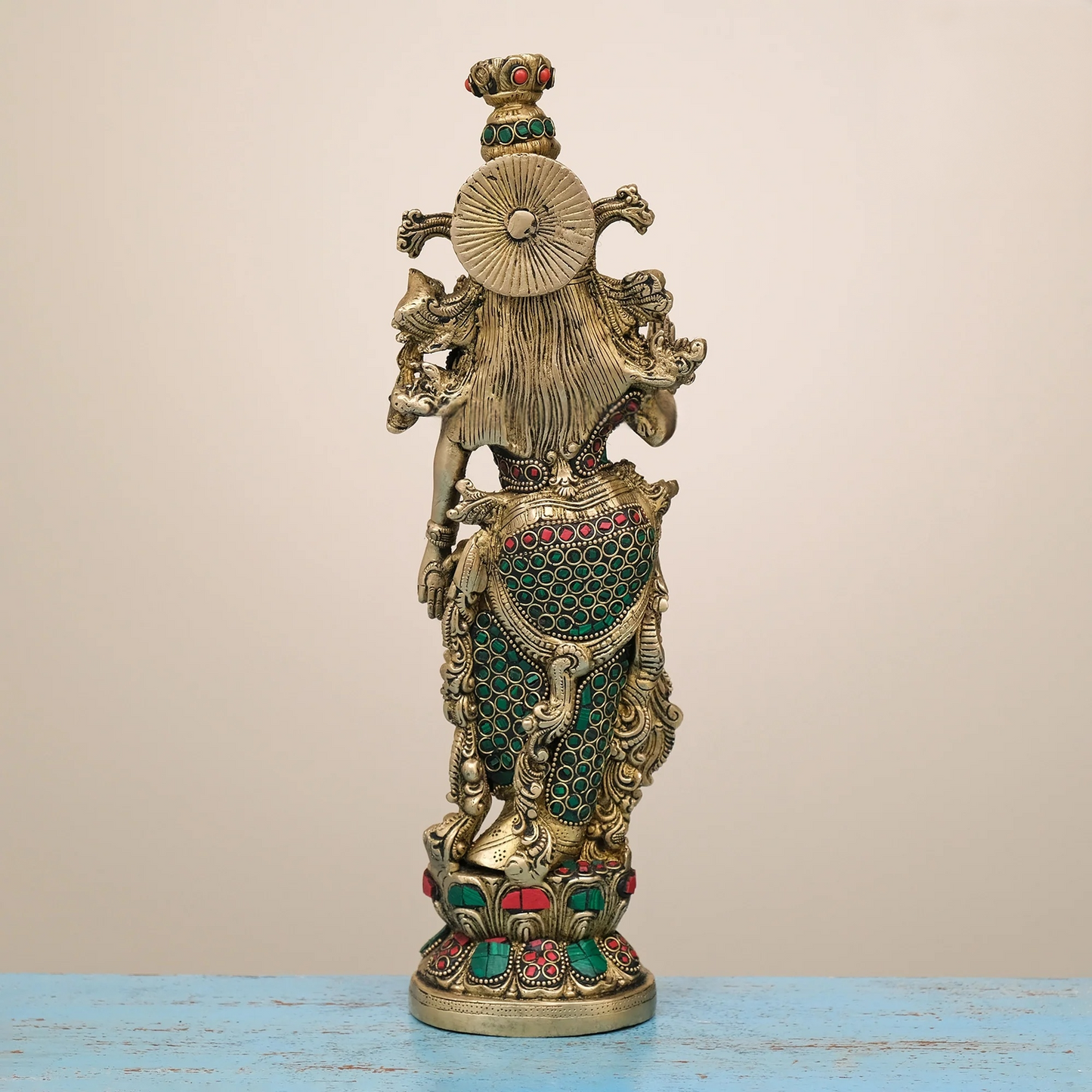Brassaura® Brass Radha & Krishna Statue with Stonework | Height 14 Inches