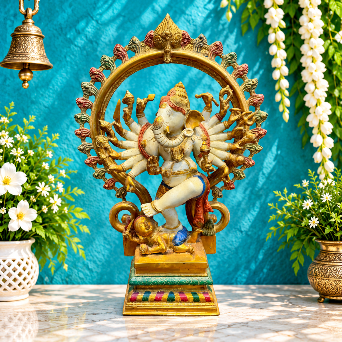 ब्रासोरा® वृंदावन वेणुगोपाल कृष्ण पीतल की प्रतिमा मोर के साथ | एंटीक नीला और सुनहरा रंग | ऊँचाई 20 इंच