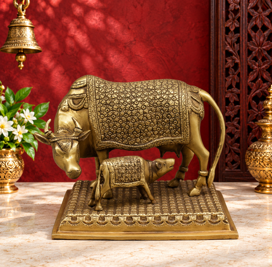 Brassaura® Cow and Calf Decorative Idol with Antique Golden Finish | Brass Statue | Height 7.5 Inches | Weight 5.84 Kgs