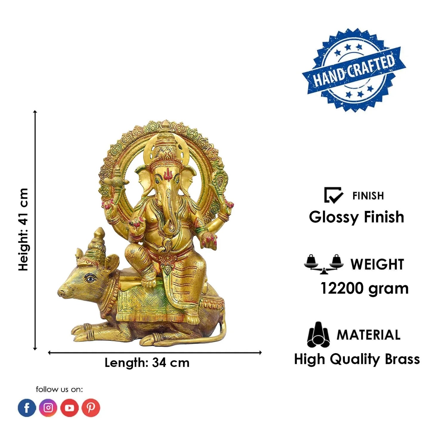 Brassaura® Brass Ganesha on Nandi Sacred Vedic Sculpture | Height 16 Inches