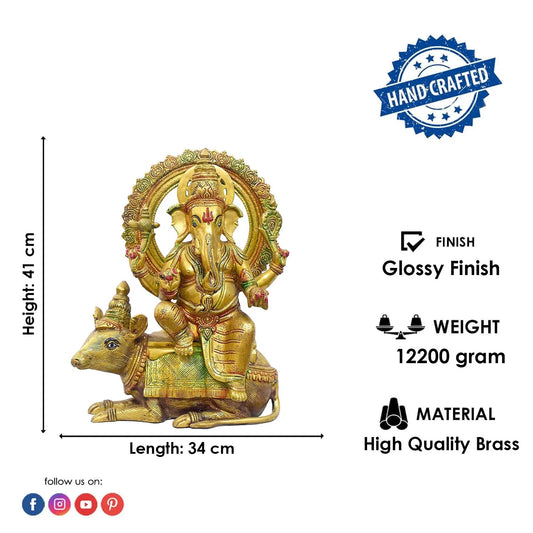 Brassaura® Brass Ganesha on Nandi Sacred Vedic Sculpture | Height 16 Inches