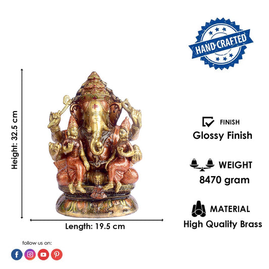 Brassaura® Lord Ganesha with Riddhi Siddhi Brass Statue | Pure Brass | Height 12.8 Inches