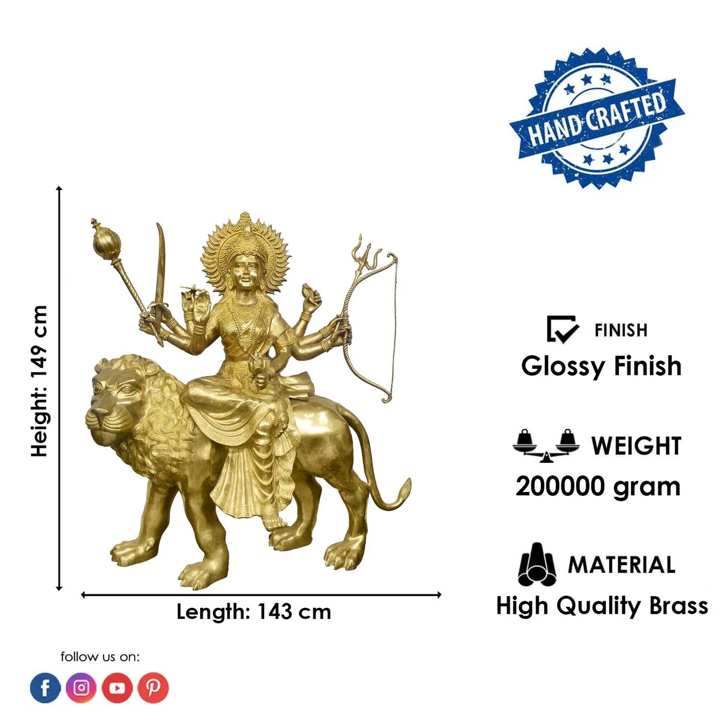 Brassaura® Brass Goddess Durga Statue | Height 58 Inches