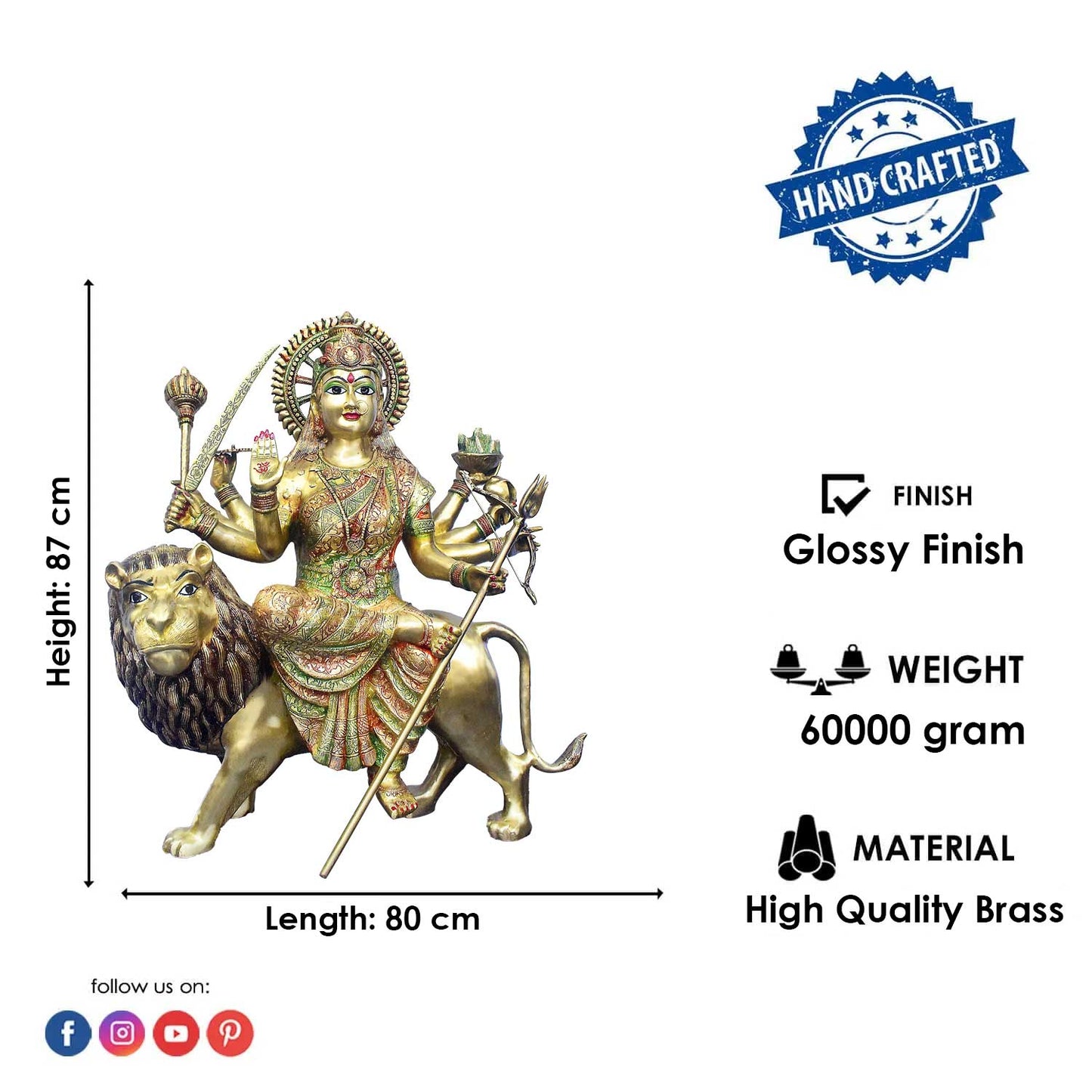 Brassaura® Brass Sherawali Mata Statue Seated on Lion | Height 34 Inches