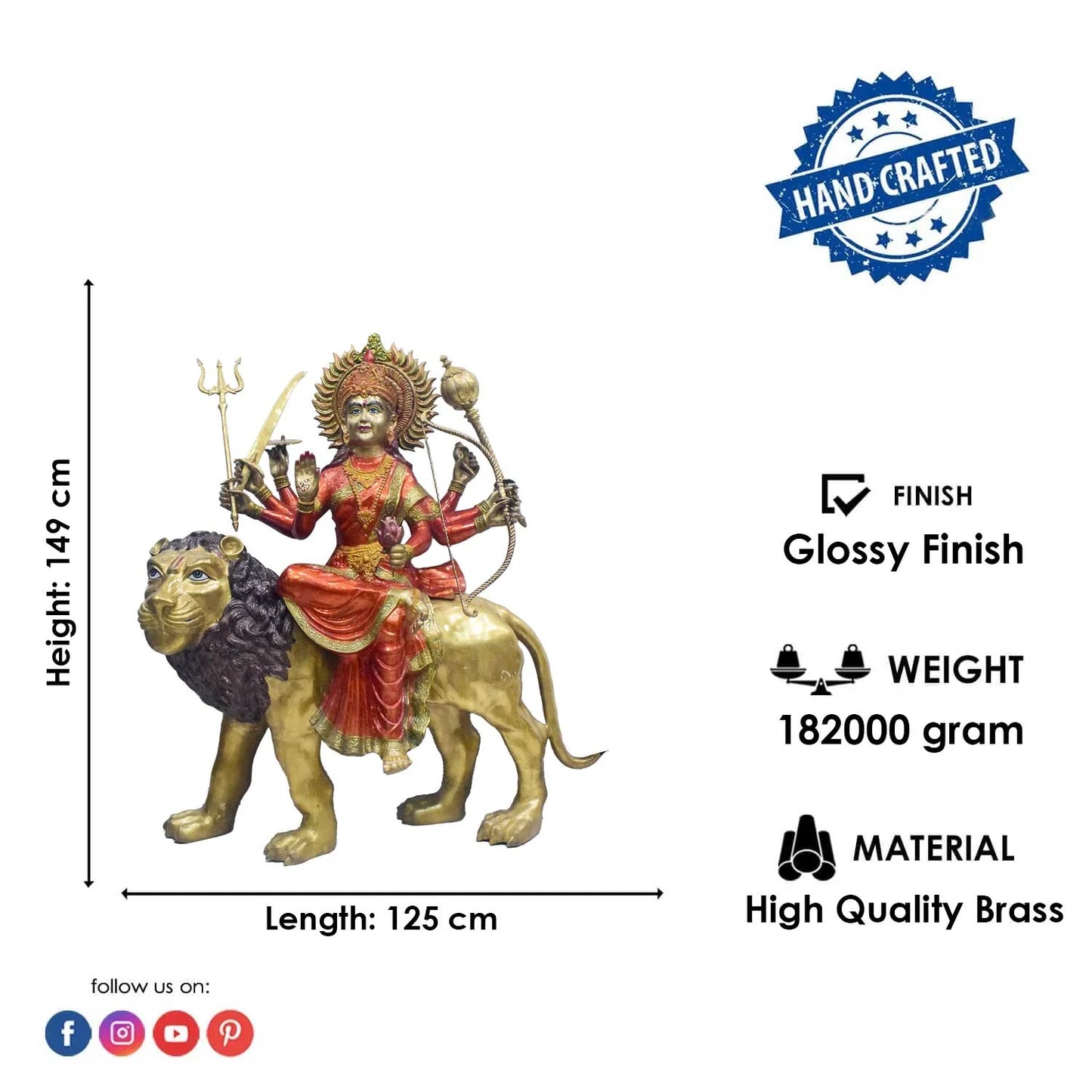 Brassaura® Brass Goddess Durga on Lion Statue | Height 58 Inches