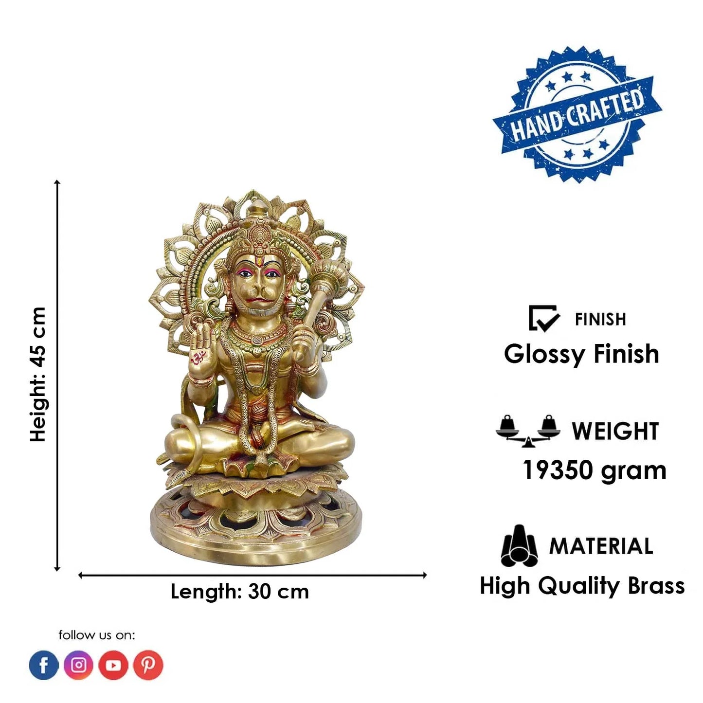 Brassaura® Brass Seated Hanuman on Lotus Throne | Height 17.72 Inches