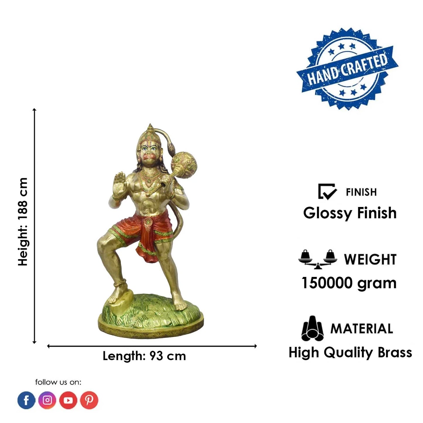 Brassaura® Brass Lord Hanuman Statue | Height 74 Inches