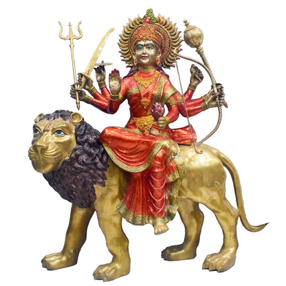 Brassaura® Brass Goddess Durga on Lion Statue | Height 58 Inches